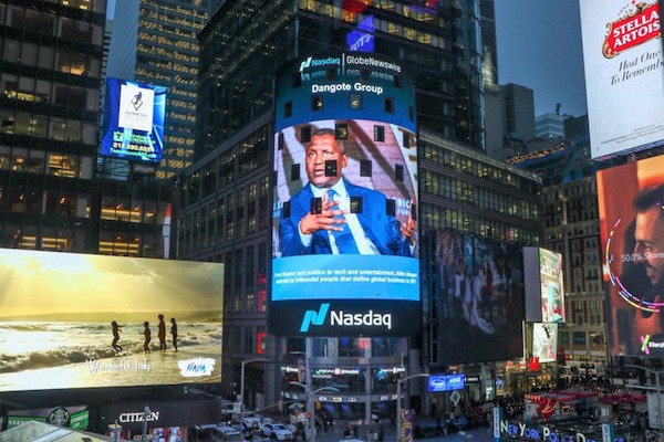 ALIKO DANGOTE'S PICTURE DISPLAYED ON NASDAQ TOWER IN TIMES SQUARE, NEW YORK