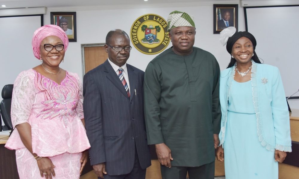 Lagos State Governor, Mr. Akinwunmi Ambode (2nd right), with Head of Service, Mrs. Folasade Adesoye (left); newly appointed Permanent Secretaries, Ministry of Waterfront Infrastructure Development, Engr. Adeniyi Abdul (2nd left) and Audit Service Commission, Mrs. Adebimpe Dada (right) during the swearing in ceremony of the Permanent Secretaries at the EXCO Chambers, Lagos House, Ikeja, on Friday, January 12, 2018.