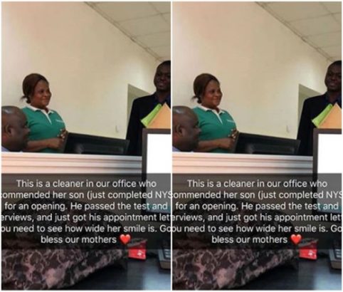 Office Cleaner Smiles After Her Son Got A Job She Recommended Him For At Her Office
