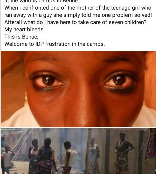 A journalist, who has been documenting stories and photo in various IDP camps in Benue State, has raised alarm over alleged child trafficking and teenage marriage in the camps sue to hunger. According to Akume Raphael, when he confronted a mother, whose teenage daughter ran away with a man, she said "one problem solved! Afterall what do i have here to take care of seven children?" "Child Trafficking, Teenage marriage is widely been reported at the various camps in Benue. When i confronted one of the mother of the teenage girl who ran away with a guy she simply told me one problem solved! Afterall what do i have here to take care of seven children? My heart bleeds. This is Benue, Welcome to IDP frustration in the camps''. Journalist raises alarm over cases of child trafficking and teenage marriage in Benue IDP camps According to the executive Secretary, of the State Emergency Management Agency (SEMA) Mr Emmanuel Shior, over 80, 450 children including those of school age, 2, 442 pregnant women are currently languishing in seven Internally Displaced Persons camp in the S