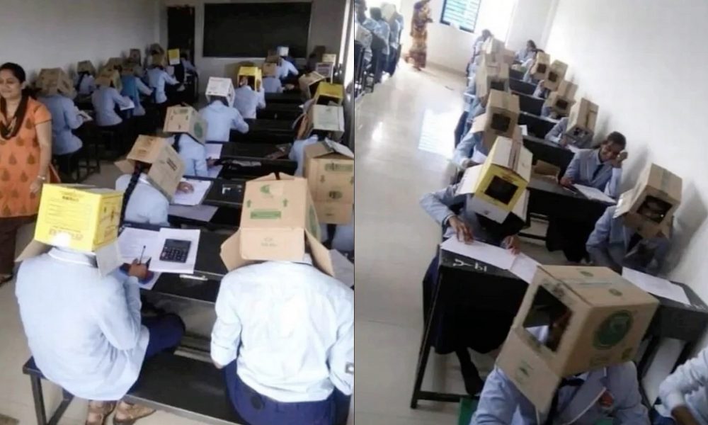 School In India Forces Pupils To Wear Cardboard Boxes On Their heads During Exams To Stop Them From Cheating