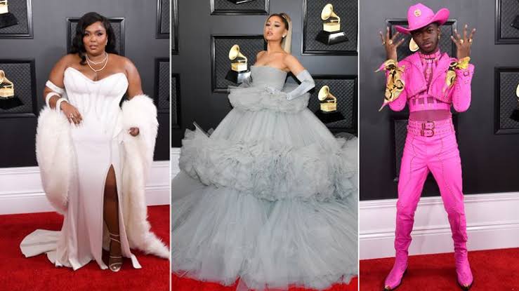 Grammy awards red carpet photo collage of Lizzo, Ariana Grande and Lil Nas X