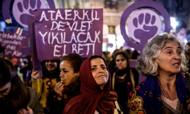 Protesters hold a banner reading ‘Women resist male domination’ as they march in Istanbul in 2016, when a similar bill was proposed