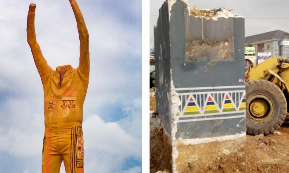 Fela's statue before and after demolition