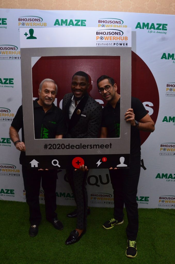 AMAZ 2 & 3 L-R: Vice President, International Business, Schneider Electric, Aditya Bhargava; Chairman, Bhojsons Plc, Mr Deepak Dalamal; Ex-Big Brother Naija Celebrity Housemate, Tobi Bakre;  Group Managing Director, Bhojsons Plc, Vishant Dalamal and Business Unit Head, Bhojsons Powerhub, Rajneesh Gupta during the launch of Amaze Power Back-Up solution at the 2020 Dealers’ Meet held in Lagos on Friday.