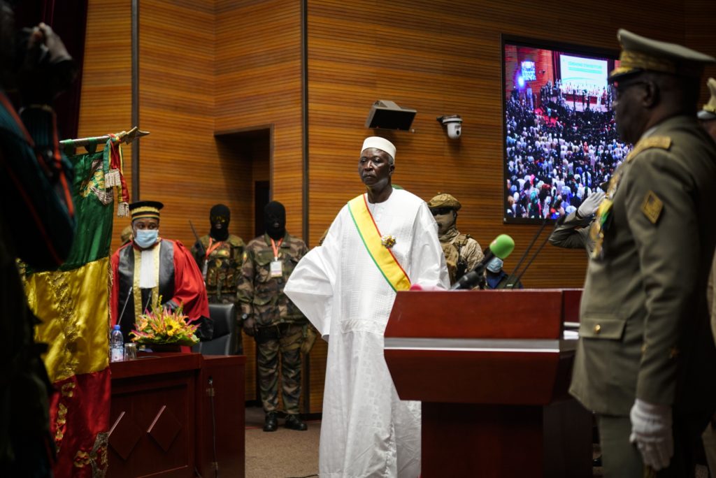 Transition Mali President Bah Ndaw (L) is seen with during his swearing-in ceremony at the CICB (Centre International de Conferences de Bamako) in Bamako on September 25, 2020. Michele Cattani / AFP