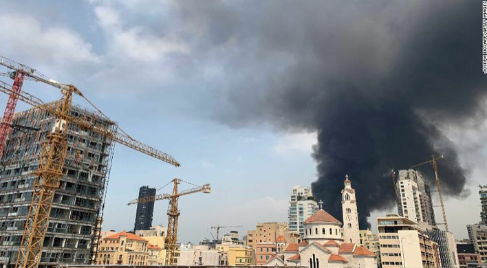 A picture shows smoke from a huge fire raging in Beirut port on September 10, 2020. - Thick black columns of smoke rose into the sky, as the army said it had engulfed a warehouse storing engine oil and vehicle tyres. (Photo by Joseph EID / AFP) (Photo by JOSEPH EID/AFP via Getty Images)