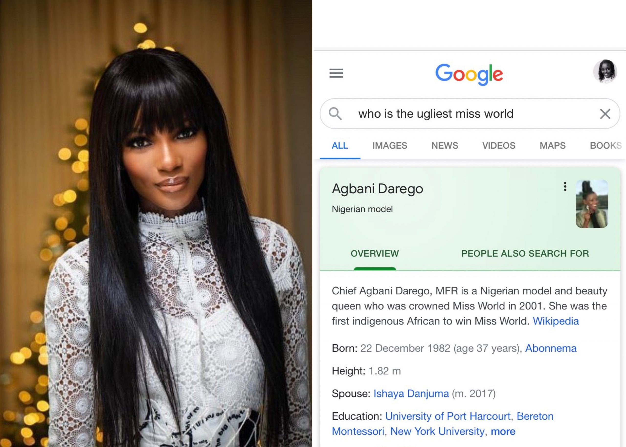 Nigerians Express Anger As Google Lists Agbani Darego As ‘Ugliest Miss World Ever’