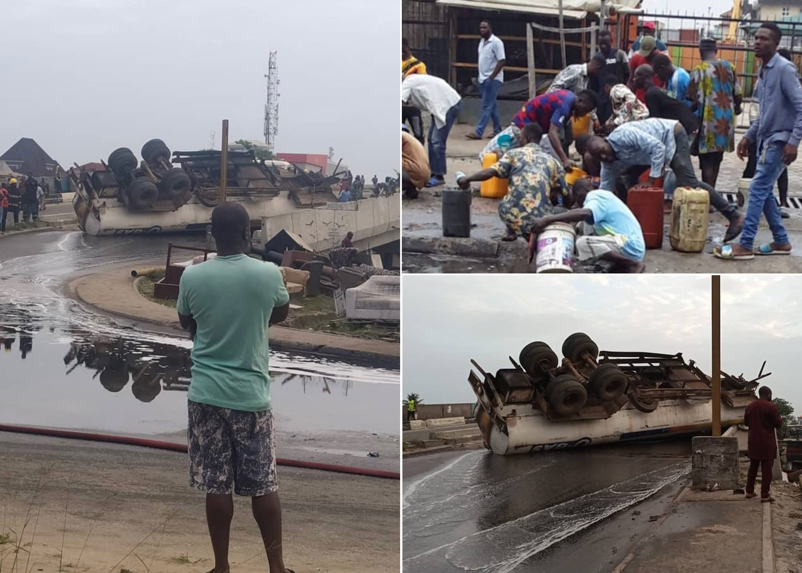 Residents Scoop Fuel As Collapsed Tanker Spills Petrol At Festac