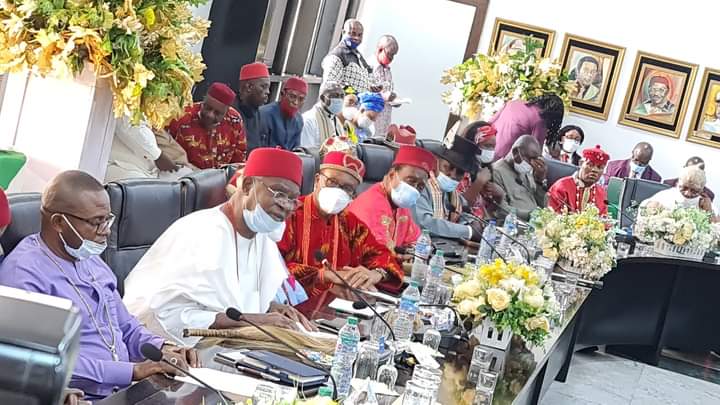 South-east governors with a presidential delegation to the region on Saturday, November 7, 2020. The delegation included the Chief of Staff to President Buhari, Ibrahim Gambari; Information minister, Lai Mohammed and Police Inspector General Mohammed Adamu