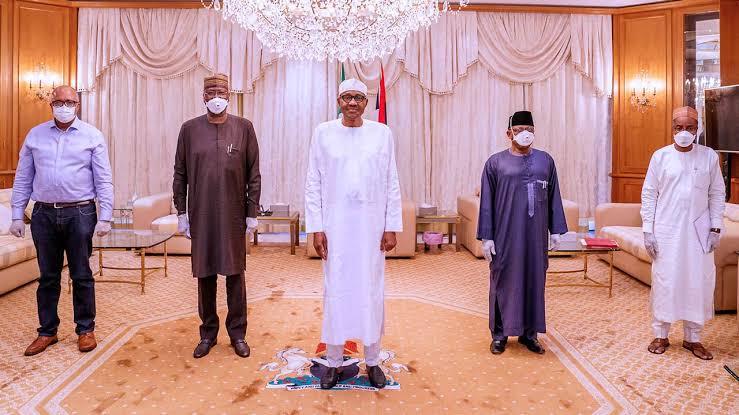 File photo of President Muhammadu Buhari meeting with delegates of PTF at the presidential villa.