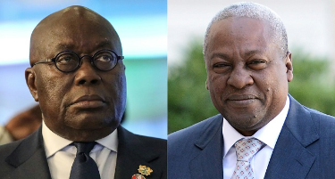 This combination of file pictures created on December 04, 2020 shows Ghana President, Nana Akufo-Addo (L) attends the fifty-sixth ordinary session of the Economic Community of West African States in Abuja on December 21, 2019, and Ghana’s President John Dramani Mahama (R) upon his arrival at the Elysee Palace in Paris, on September 27, 2016. (STEPHANE DE SAKUTIN, Kola SULAIMON / AFP)