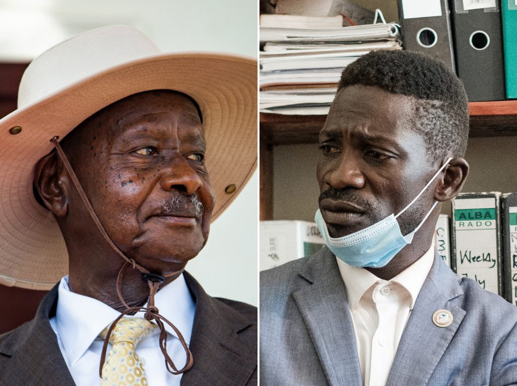(COMBO/FILES) Uganda's President Yoweri Museveni (L) and Ugandan musician-turned-politician Robert Kyagulanyi (R), also known as Bobi Wine, are the main contenders is the country's presidential elections scheduled for January 14, 2021. (Photo by Sumy Sadurni / AFP)