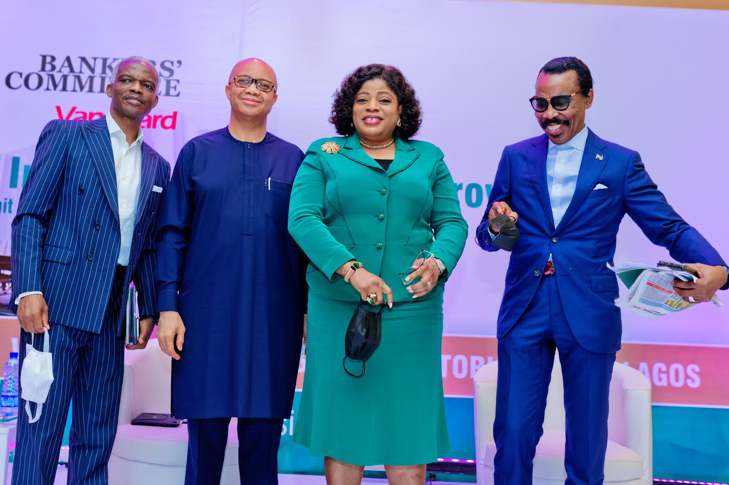 Caption: (left to right) Dr. Doyin Salami, Chairman Nigeria’s Economic Advisory Council, Mr. Ben Akabueze, Director General, Budget Office, Mrs. Nneka Onyeali-Ikpe, Managing Director/CEO Fidelity Bank and Mr. Bismarck Rewane, CEO, Financial Derivatives at the One-Day Summit on the Economy by bank CEOs, organized by the CBN/Bankers Committee and Vanguard Newspapers in Lagos Friday.