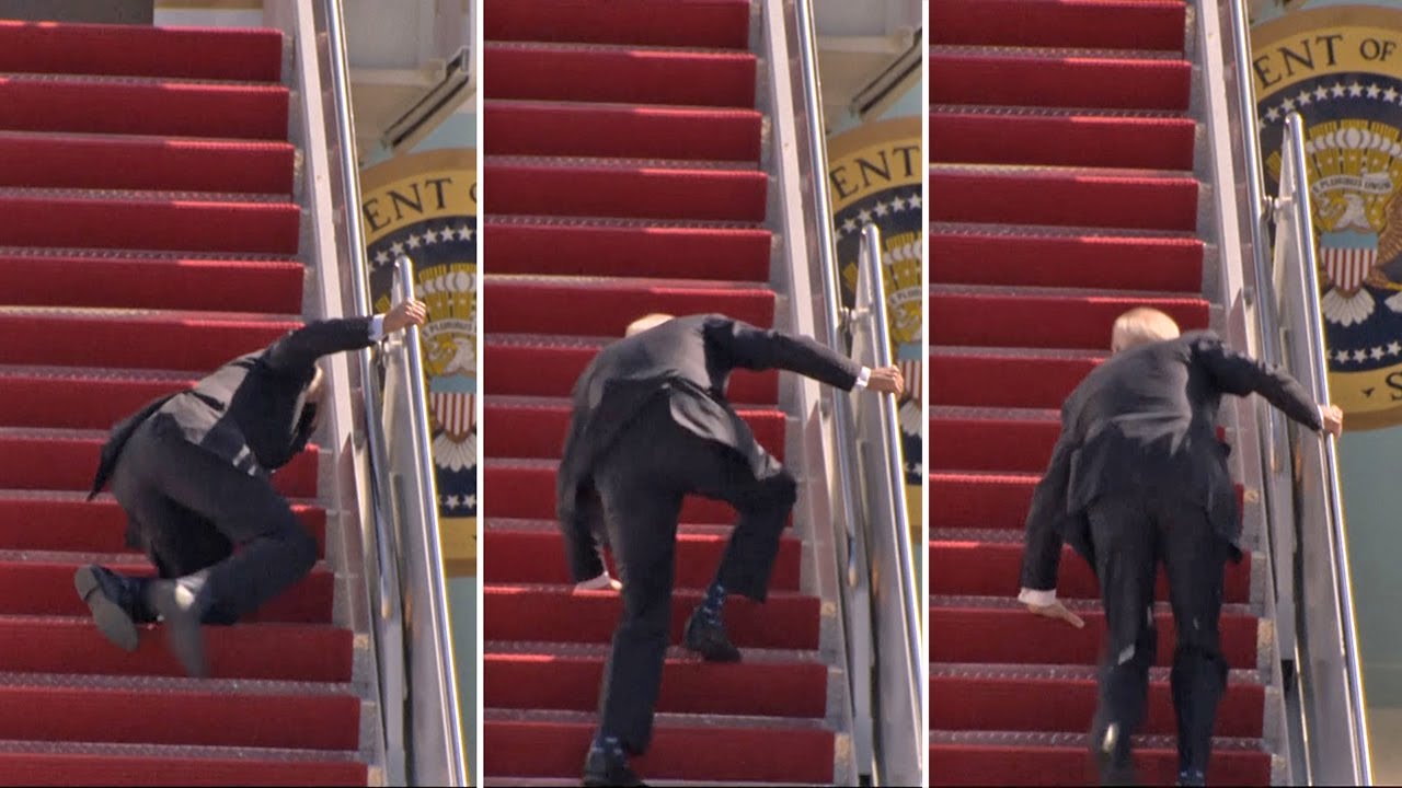 US President, Joe Biden Trips, Falls Thrice While Climbing Air Force One Stairs
