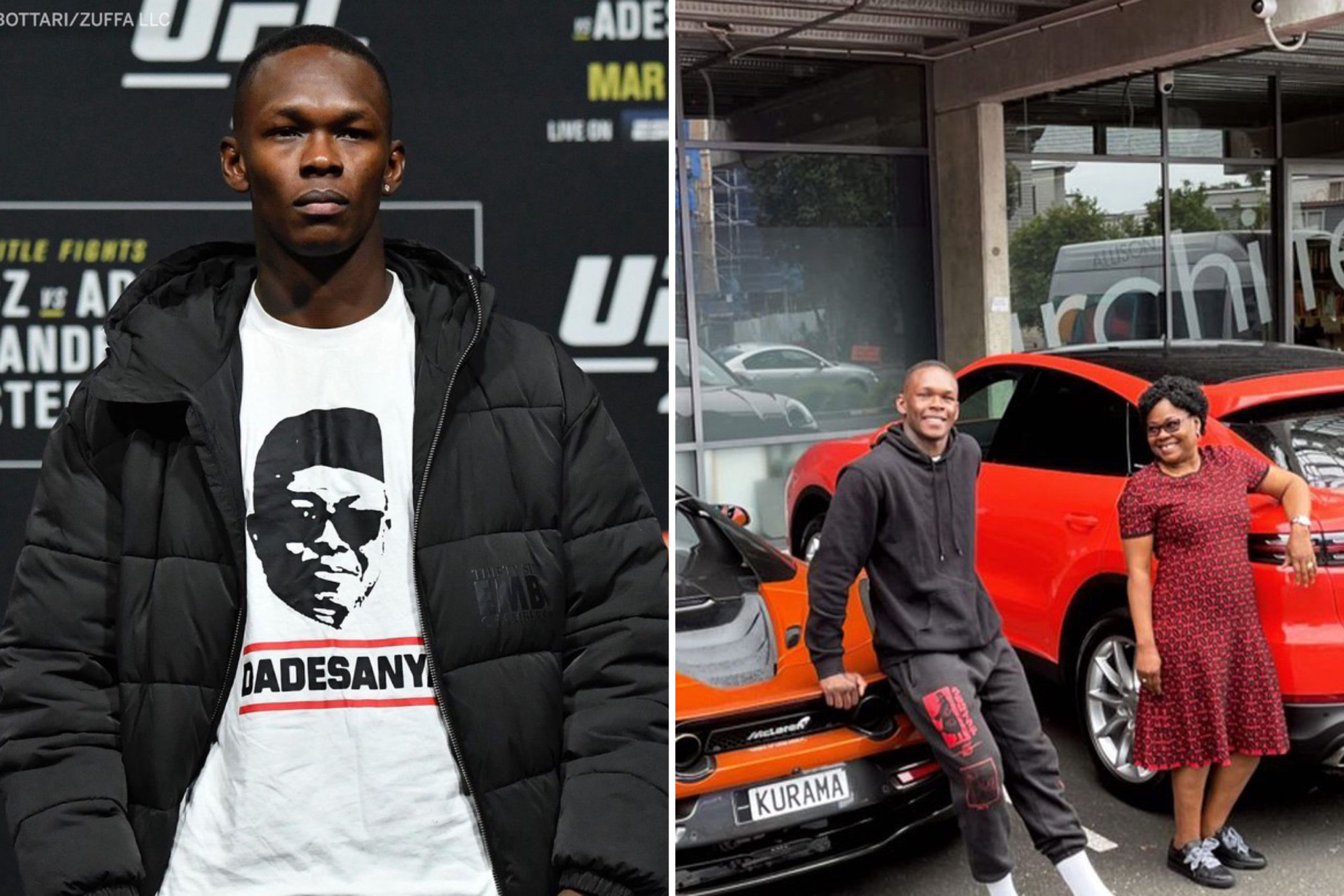 Nigerian-Born Mixed Martial Artist, Israel Adesanya Honours Father By Wearing Shirt With Photo Of Him, Buys Mother A Porsche