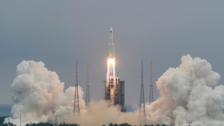 A Long March 5B rocket carrying a module for a Chinese space station lifts off from the Wenchang Spacecraft Launch Site in Wenchang in southern Chinas Hainan Province, Thursday, April 29, 2021. (AP)