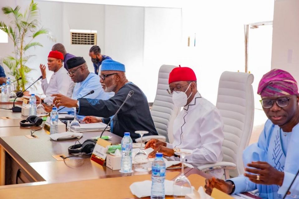 From right to left: Lagos State Governor, Babajide Sanwo-Olu; and his colleagues – Ifeanyi Okowa (Delta), Rotimi Akeredolu (Ondo), Kayode Fayemi (Ekiti)… in Lagos on Monday, July 5, 2021, for Southern governors’ meeting