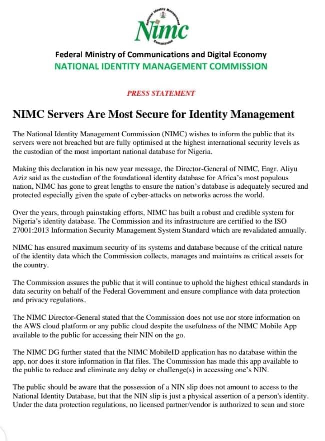 Our Servers Are Secure&#39; — NIMC Reacts To Hacker&#39;s Alleged Access Into NIN  Database - MojiDelano.Com