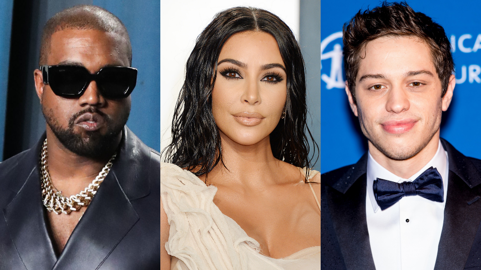 L-R: Kanye West, Kim Kardashian and Pete Davidson.