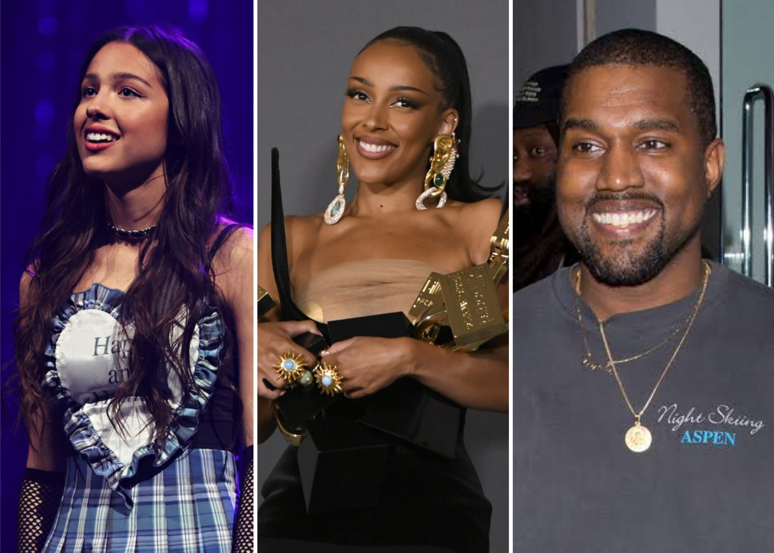 2022 Billboard Music Awards: A photo collage of Olivia Rodrigo, Doja Cat, Kanye West