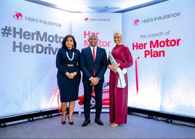 L-R: Adaobi Nwakuche, MD/CEO, Heirs Insurance; Tony Elumelu, Chairman, Heirs Insurance; Shatu Garko, Miss Nigeria and brand ambassador, Heirs Insurance; at the launch of Her Motor Plan on March 31, 2022.