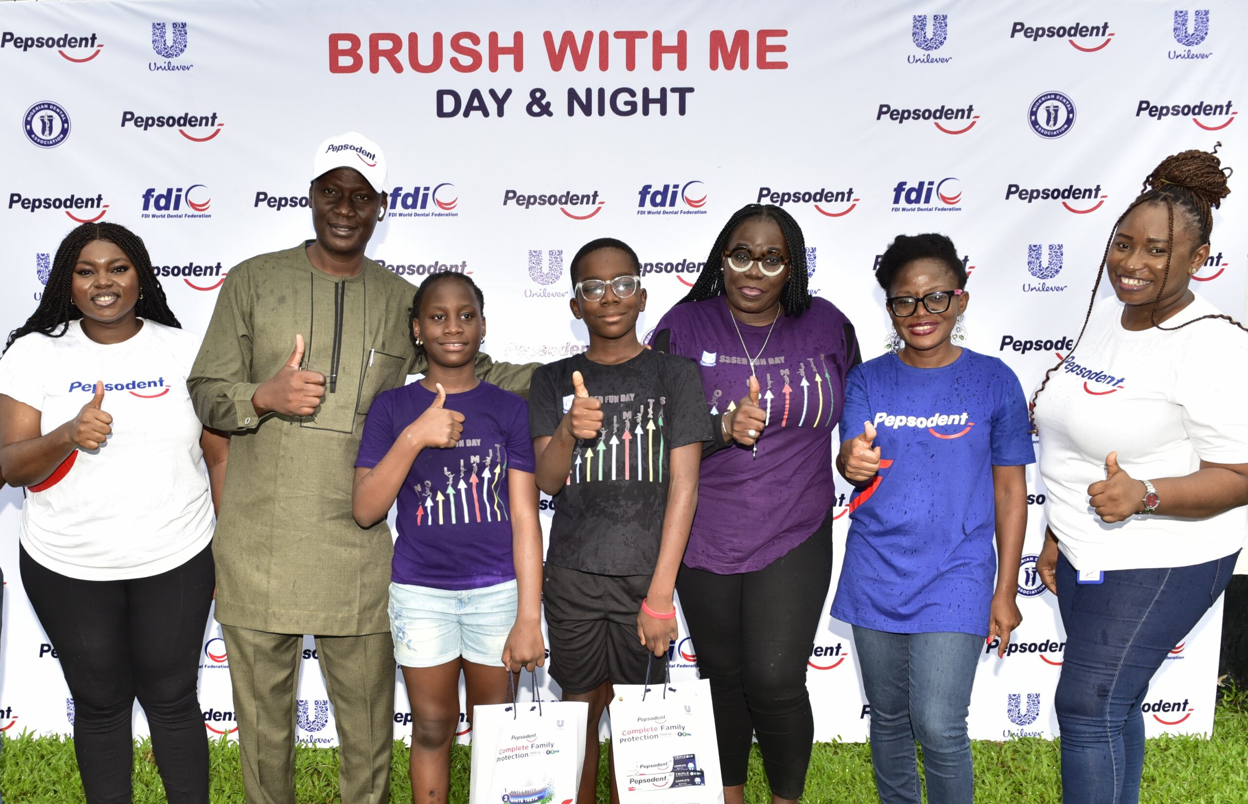 L-R: Category Manager, Oral Care, Unilever Nigeria, Eva Ogudu; Chairman, Nigerian Dental Association, Lagos Chapter, Dr. Oluwole Olusanya; a pupil of St. Saviour Nursery/Primary School, Tinuola Badmus; another pupil, Sitonna Emodi; Head Teacher, St. Savior Nursery/Primary School, Lawrencia Izedonmwen; Business Lead, Beauty & Personal Care, Unilever Nigeria, Oiza Gyang, and Assitant Category Manager, Oral Care, Unilever Nigeria, Chononyerem Opara during the launch of the Pepsodent Schools Program held in Lagos recently.